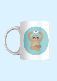 Ceramic mug with a cute sloth design in a turquoise circle. The sloth has a friendly expression and appears to be waving.