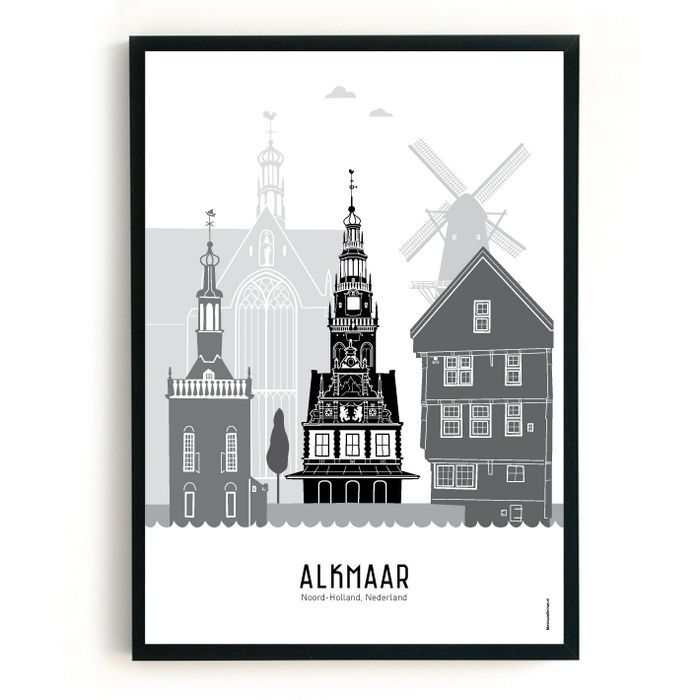 Poster skyline Alkmaar zwart-wit-grijs