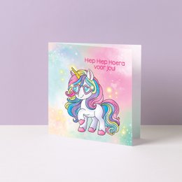  Colorful, whimsical unicorn birthday card with text "Hiep Hiep Hoera voor jou!" (Hip Hip Hooray for you!)