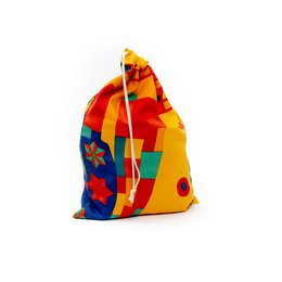 Colorful, patterned produce bag made of durable, reusable material. Features a variety of vibrant floral and graphic designs.