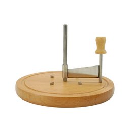 Wooden cheese press with metal rod and wooden handle for pressing and shaping cheese. Suitable for making small batches of artisanal cheeses.