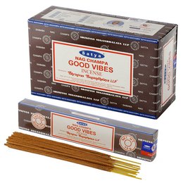  Satya Good Vibes Nag Champa incense sticks, packaged in a box with a traditional Indian design. The incense sticks are made of natural ingredients and have a warm, earthy aroma.