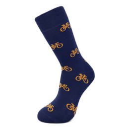 Navy blue socks with orange bicycle print. Made from bamboo material.