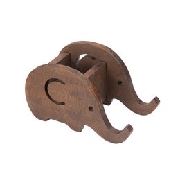 A wooden elephant-shaped pen holder in a brown color, with a curved trunk and ears, designed to hold pens, pencils, and other office supplies.