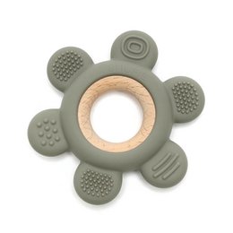Soft and hard flower-shaped wood and silicone teether in olive color, designed for baby's teething needs.
