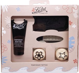 LADOT SET 1 – enthält: 2 Kosmetikstempel Blume/Stern & 1 Tube temporäre Körpertinte & 1 Stempelkissen & 1 Strasssteinplatte