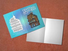 Greeting cards featuring a central apothecary building in Leeuwarden, Netherlands, available in multiple languages and with or without envelopes and sleeves.