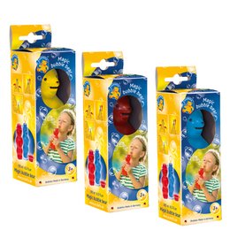 Colorful, bear-shaped bubble blower toy with assorted colors. Made of plastic with a bubble solution container and wand. Suitable for children's educational and outdoor play.
