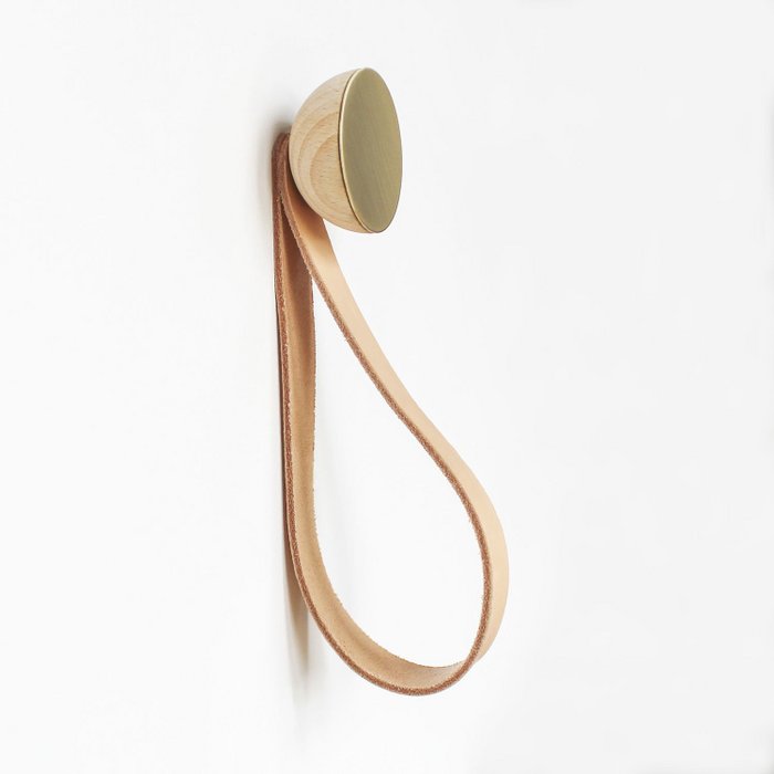 Round Beech Wood & Brass Wall Hook / Hanger with Leather Loop