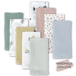  Set of 2 muslin cloths in various colors and patterns, including green, beige, and floral designs. Suitable for use as kids' bath towels.