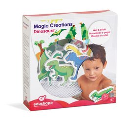 Edushape Magical Creations - Dinosaurs is a sensory toy set featuring colorful dinosaur-themed shapes and pieces. The set includes various dinosaur shapes in different colors, textures, and sizes, encouraging creative play and sensory exploration.