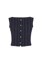  Navy blue pinstripe wool vest with boat neckline, made in Italy, available in sizes 40, 42, and 44.