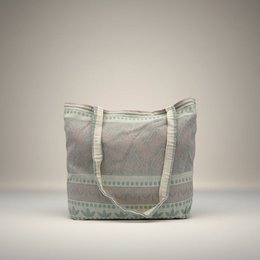  Canvas shoulder bag with geometric tribal pattern, cream and sage green colors, spacious tote style