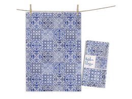 A classic blue and white patterned tea towel with a repeating tile-like design. The towel is made of high-quality cotton and is suitable for use in the kitchen.