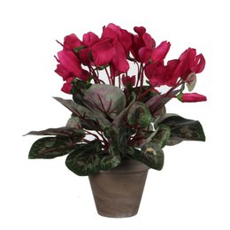  Dark pink artificial cyclamen plant in a pot, made of polyester material, suitable for indoor use.