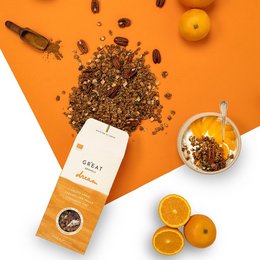 Crunchy granola with crispy apple, cinnamon, and pecan. Gluten-free and organic. Includes details on colors, materials, and shapes.