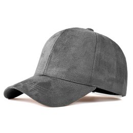 Grey suede baseball cap with adjustable strap closure.