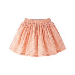  A coral pink printed girls' skirt for ages 2-6A, featuring a flared silhouette and an elastic waistband for a comfortable fit.