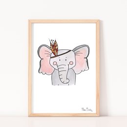 Whimsical elephant wall art for a kids room. Soft pink elephant with a crown and tribal-inspired details. Suitable for a nursery or playroom decor.