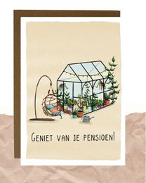 Retirement postcard with illustration of a greenhouse and the text "Geniet van je pensioen!" (Enjoy your retirement!).