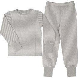 This classic grey and white striped pajama set for kids features a long-sleeved top and matching jogger-style pants. The soft, comfortable fabric and relaxed fit make it perfect for lounging or sleeping.