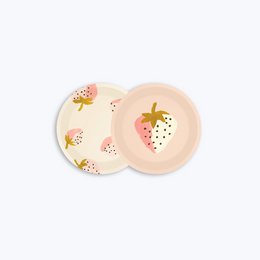  Strawberry-patterned serving tray with a round shape and a pink color scheme.