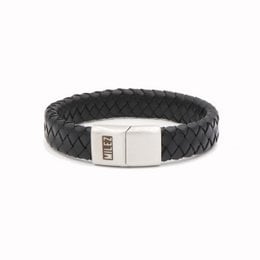 A black leather men's bracelet with a braided design and a metal clasp. The bracelet is available in sizes S, M, L, and XL.