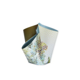 A decorative stone paper vase in a blue and white color scheme, featuring a floral pattern design.