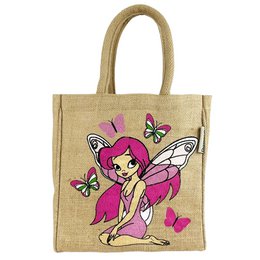  A jute shoulder bag for children featuring a pink fairy girl design with butterflies. The bag has a sweet, whimsical style that would appeal to young girls.