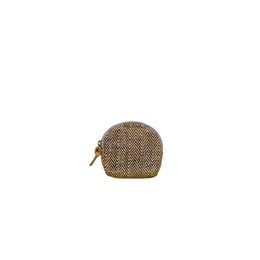 A small, round coin purse made of herringbone-patterned fabric in a black color. The purse has a zipper closure and a leather pull tab.