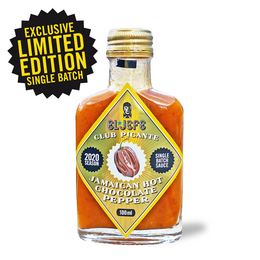 A limited edition, very hot Jamaican hot chocolate pepper sauce in a 100ml bottle. The sauce features a vibrant orange color and a bold, spicy flavor profile.