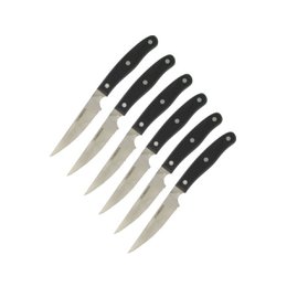  Set of 6 steak knives, 22 cm, made of Nirosta steel, suitable for chef's use.

The image shows a set of 6 steak knives with black handles and stainless steel blades. The knives appear to be 22 cm in length and are made of Nirosta, a type of stainless steel. These knives are suitable for use in a professional kitchen or by home chefs for cutting and preparing steak and other meats.