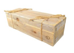 Wooden box with rope handles, suitable for storing or transporting wine bottles. The box has a rustic, vintage appearance with natural wood grain and a simple design.
