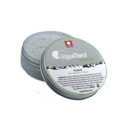 Natural toothpaste powder and mouthwash in a round gray container with a red cross logo.