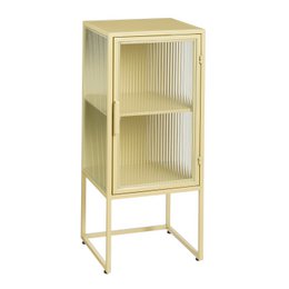 Beige tall narrow cabinet with glass doors, metal frame, two shelves, modern minimalist storage furniture