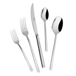 Elegant 18-piece stainless steel cutlery set with a satin finish. Includes forks, knives, and spoons for a complete dining experience.