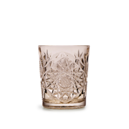 A set of 6 crystal-cut glasses in a variety of colors, including tender taupe, amber, and aqua. The glasses feature a classic hobstar pattern with intricate star-shaped designs. Suitable for serving long drinks.