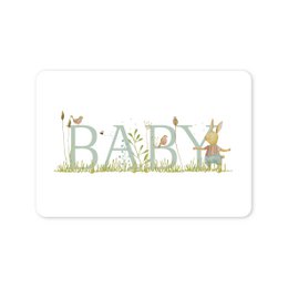  A6 postcard with the word "BABY" and an illustration of a baby boy rabbit in a green field.