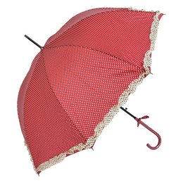 Red polka dot umbrella with lace trim, 90 cm diameter, suitable for adults.