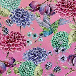 Vibrant floral pattern with pink, purple, and green dahlias, succulents, and hummingbirds on a pink background.
