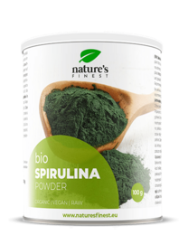Organic spirulina powder in a 100g container. Rich in nutrients and antioxidants, this superfood powder can be added to smoothies, juices, or used in recipes.