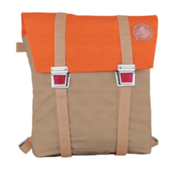A beige and orange backpack with a cat eye design, made of eco-friendly hemp material and water-resistant.