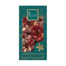 Premium milk chocolate bar with raspberries, raisins, and almonds. Dark red and brown chocolate with visible fruit and nuts.
