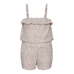 Safari green sleeveless jumpsuit with a floral print pattern. Made of a lightweight, breathable fabric. Features a ruffle detail at the neckline and a relaxed, comfortable fit.