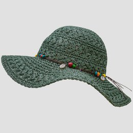 A wide-brimmed straw sun hat with a woven pattern and colorful beaded trim. The hat is available in three neutral color options: natural, woodgreen, and old rose. The hat is designed to provide sun protection and has a relaxed, casual style suitable for summer wear.