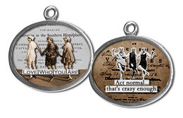 A round pendant with a vintage-style image of three people walking together. The pendant has a metal frame and appears to be made of a durable material like stainless steel or pewter.