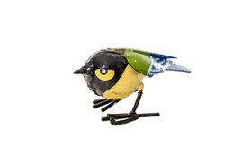  Metal garden sculpture of a great tit bird with black, yellow, and blue colors.