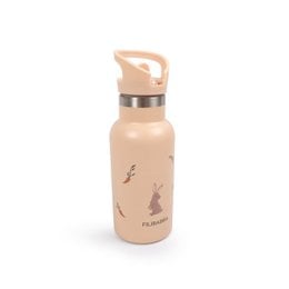 Stainless steel water bottle, cream beige color, rabbit carrot thief design, kids bottle with handle.