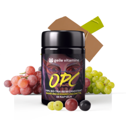 Organic OPC supplement in a black container with grapes and other fruits in the background. The supplement contains 60 capsules and is categorized as a sports supplement.