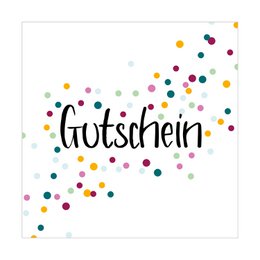  Colorful gift voucher with the German word "Gutschein" meaning "Voucher" in a decorative font, surrounded by scattered confetti-like dots in various pastel colors.